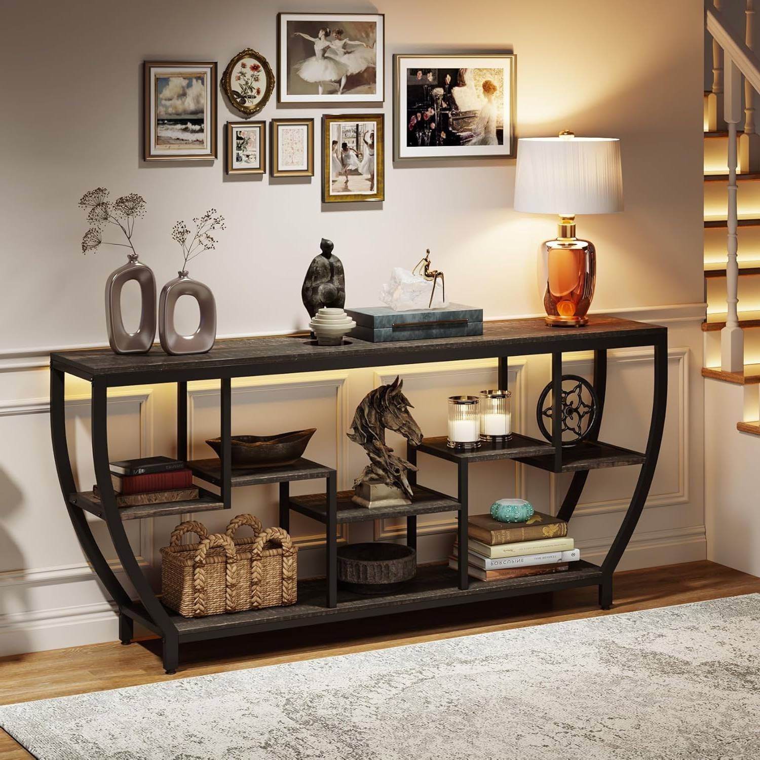 Modern Industrial 70-inch Long Narrow Console Sofa Table with Black Wood Shelves - Metromarketstore