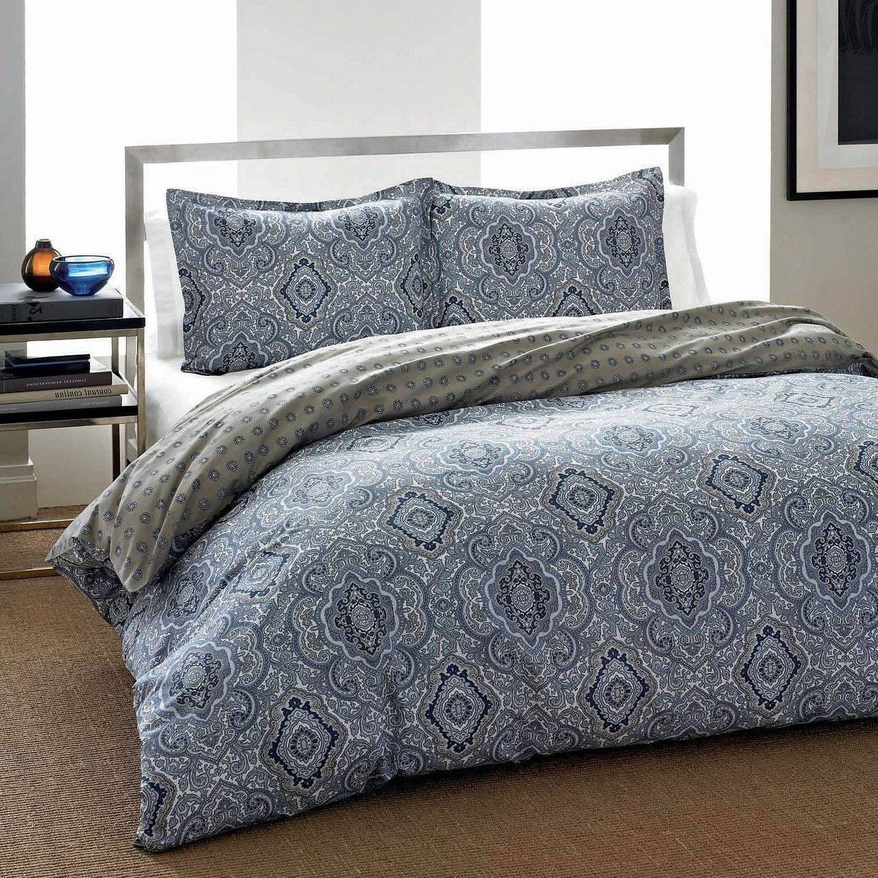 Full / Queen Cotton Comforter Set with Grey Blue Damask Pattern - Metromarketstore