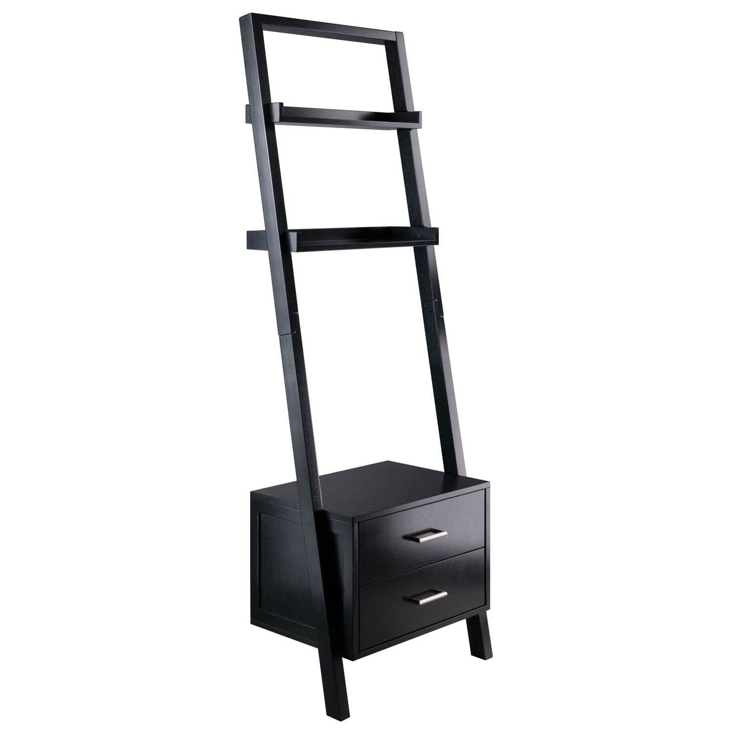 Modern Black 2 Drawer Entryway Shelf Leaning Ladder Bookshelf Bookcase - Metromarketstore