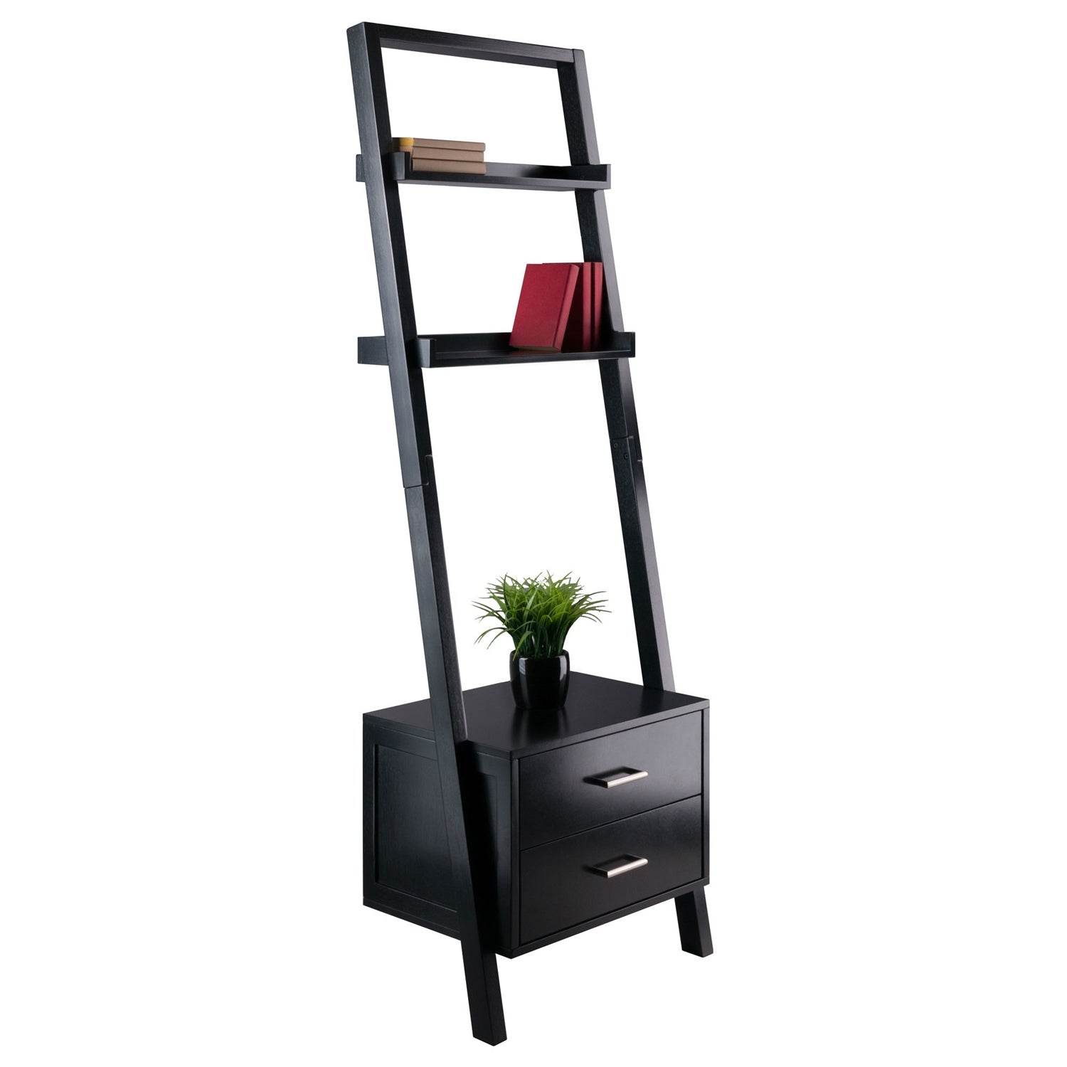 Modern Black 2 Drawer Entryway Shelf Leaning Ladder Bookshelf Bookcase - Metromarketstore