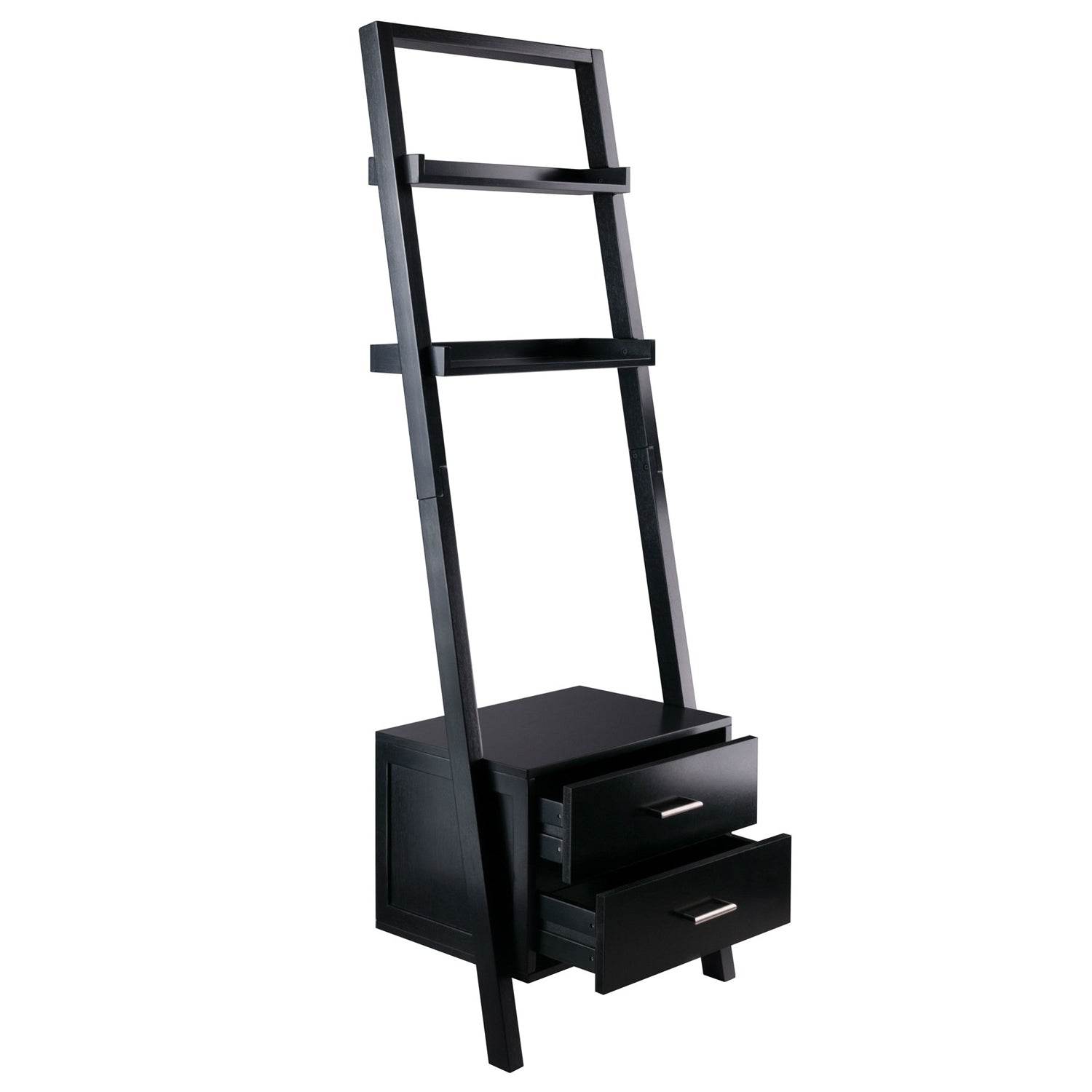 Modern Black 2 Drawer Entryway Shelf Leaning Ladder Bookshelf Bookcase - Metromarketstore