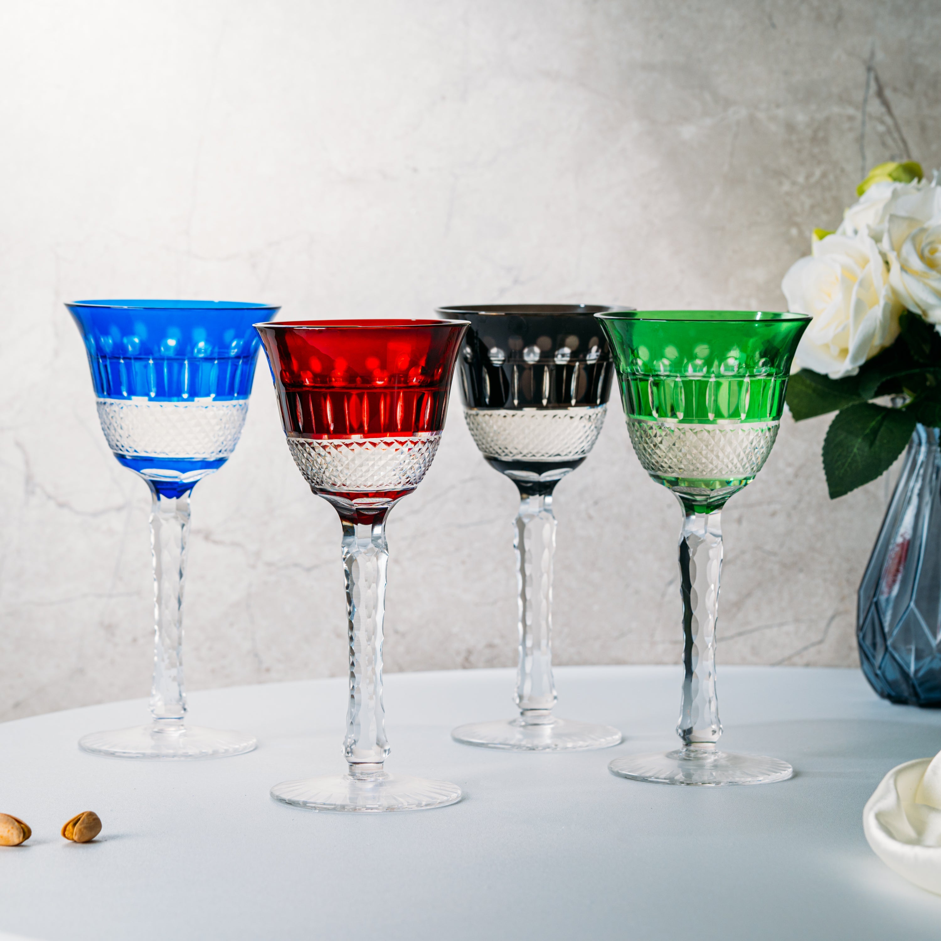 The Wine Savant Crystal Italian Multicolor Design Glasses -Set of 4 Tall Wine Glasses 6.7oz 7.7" H Venetian Italian Style Red, Blue, Green, Brown Glasses, Great for Dinner Parties, Bars & Weddings - Metromarketstore
