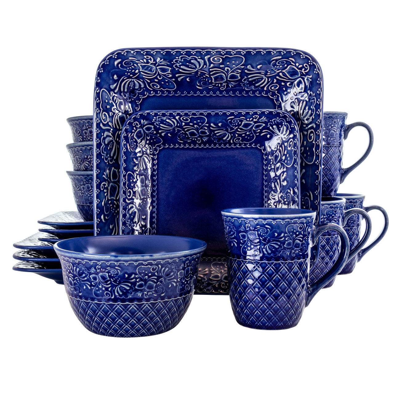 Elama Indigo Lotus 16 Piece Square Dinnerware Set - Metromarketstore