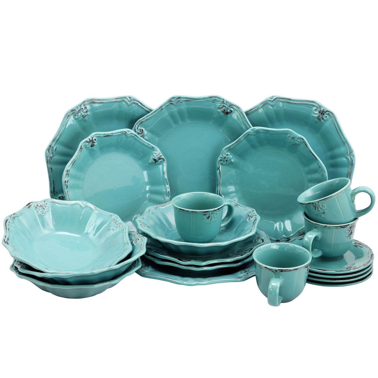 Elama Fleur De Lys 20-Piece Dinnerware Set in Turquoise - Metromarketstore
