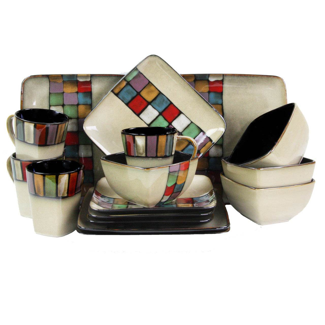 Elama Color Melange 16 Piece Multicolored Square Stoneware Dinnerware Set - Metromarketstore