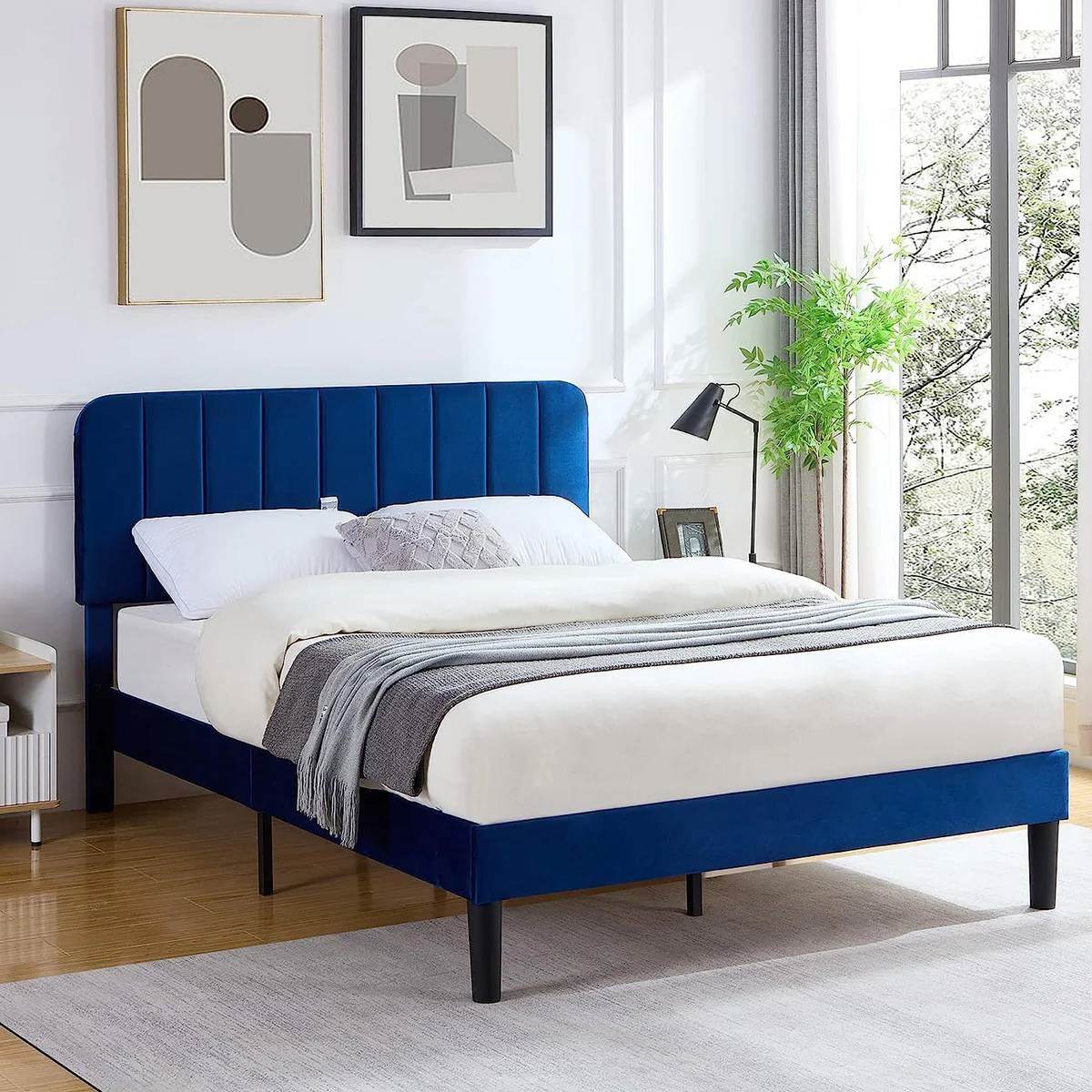 Full size Blue Upholstered Platform Bed Frame with Headboard - Metromarketstore