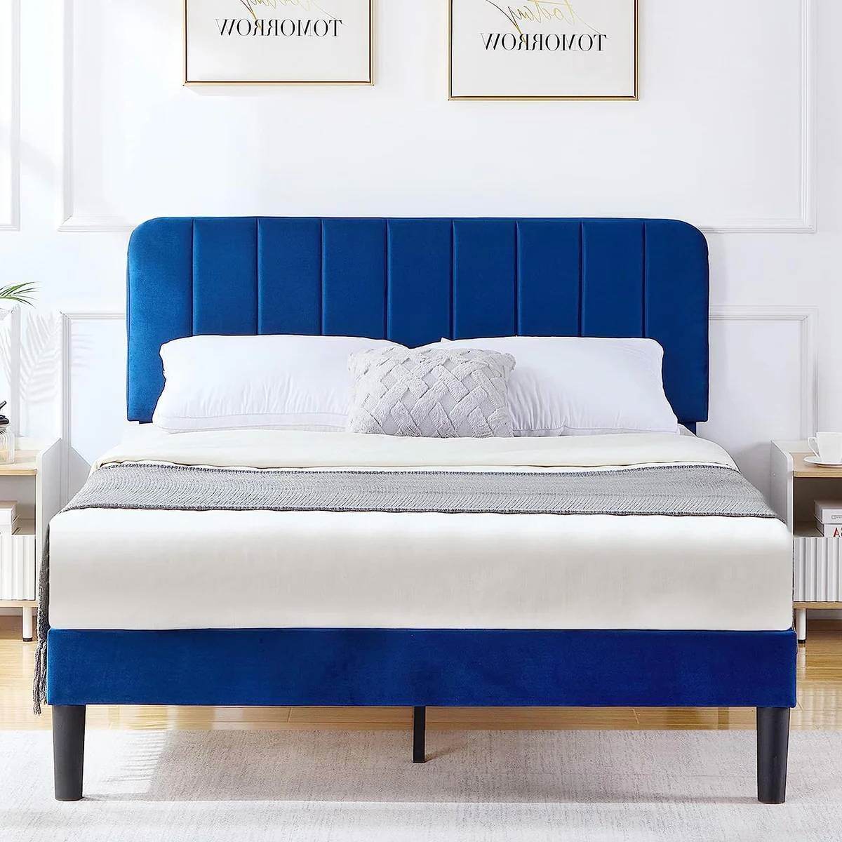 Full size Blue Upholstered Platform Bed Frame with Headboard - Metromarketstore