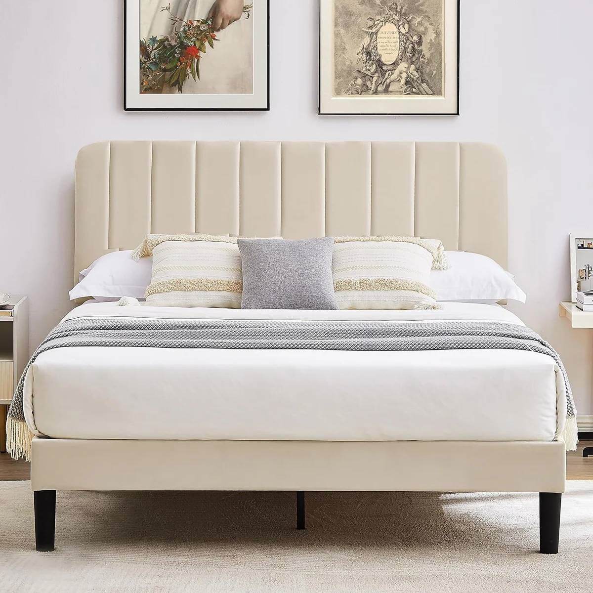 Full size Beige Upholstered Platform Bed Frame with Headboard - Metromarketstore