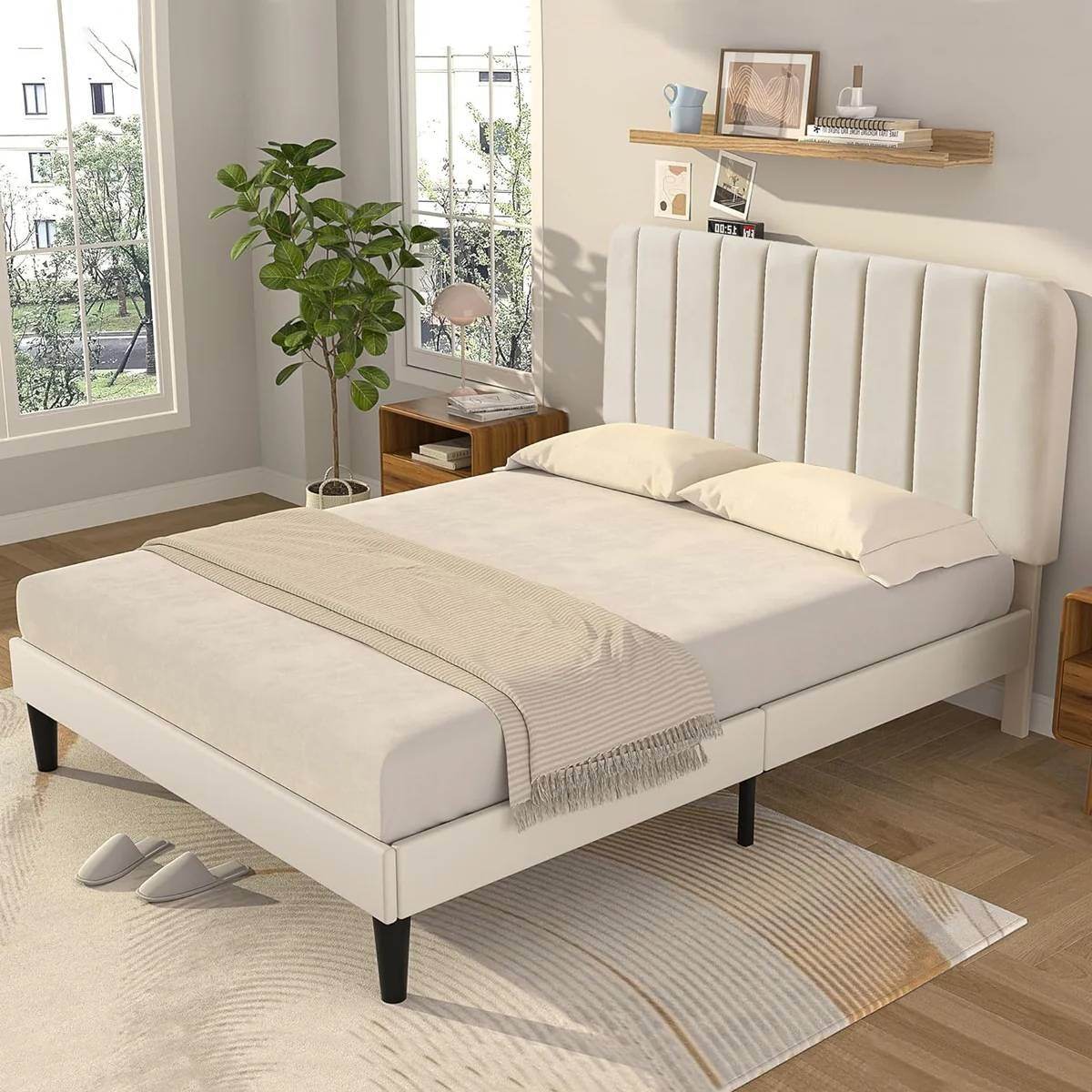 Full size Beige Upholstered Platform Bed Frame with Headboard - Metromarketstore