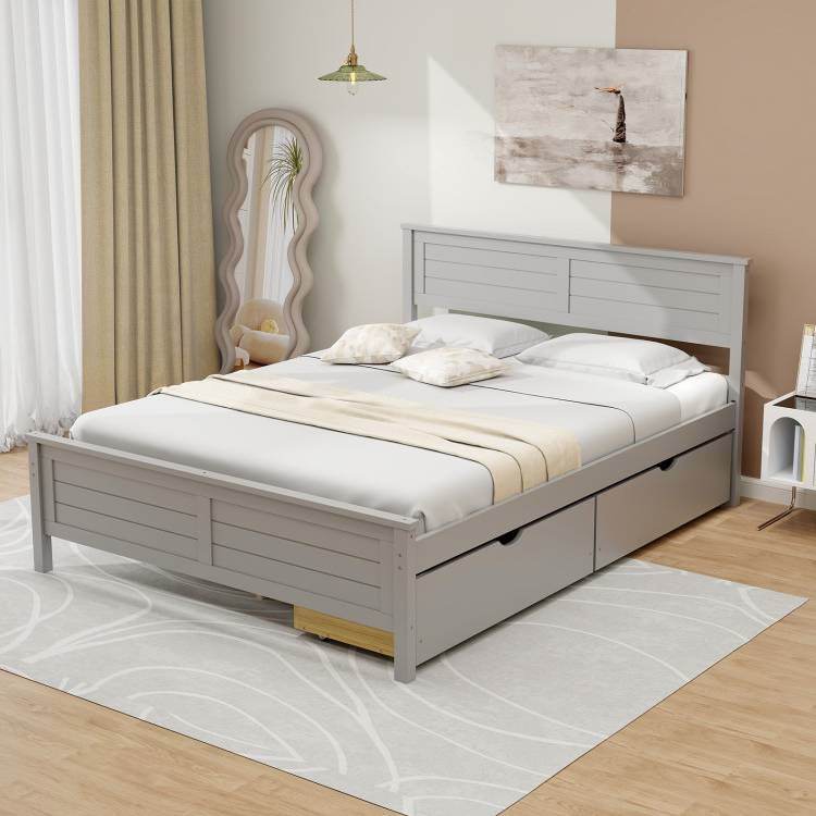 Full Size Grey Platform Bed Frame with 2 Storage Drawers - Metromarketstore
