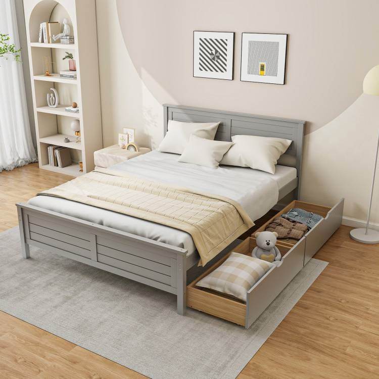 Full Size Grey Platform Bed Frame with 2 Storage Drawers - Metromarketstore