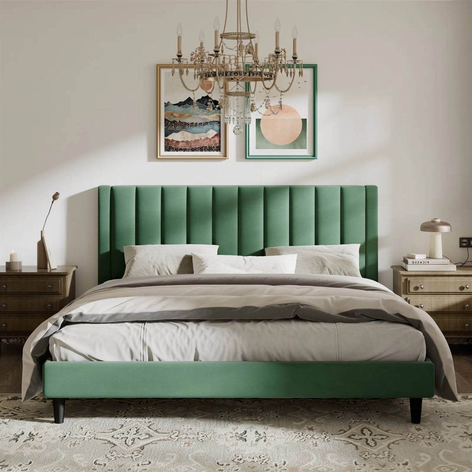 King size Modern Green Velvet Upholstered Platform Bed with Headboard - Metromarketstore