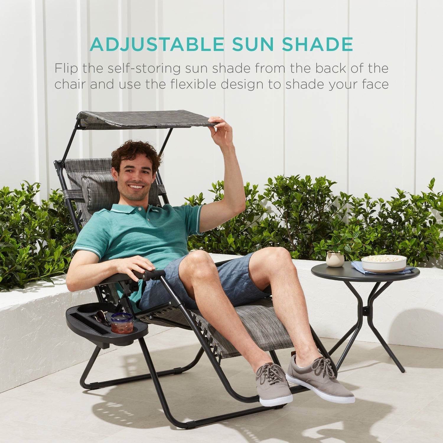 Grey Zero Gravity Folding Reclining Patio Lounge Chair with Canopy Sun Shade - Metromarketstore