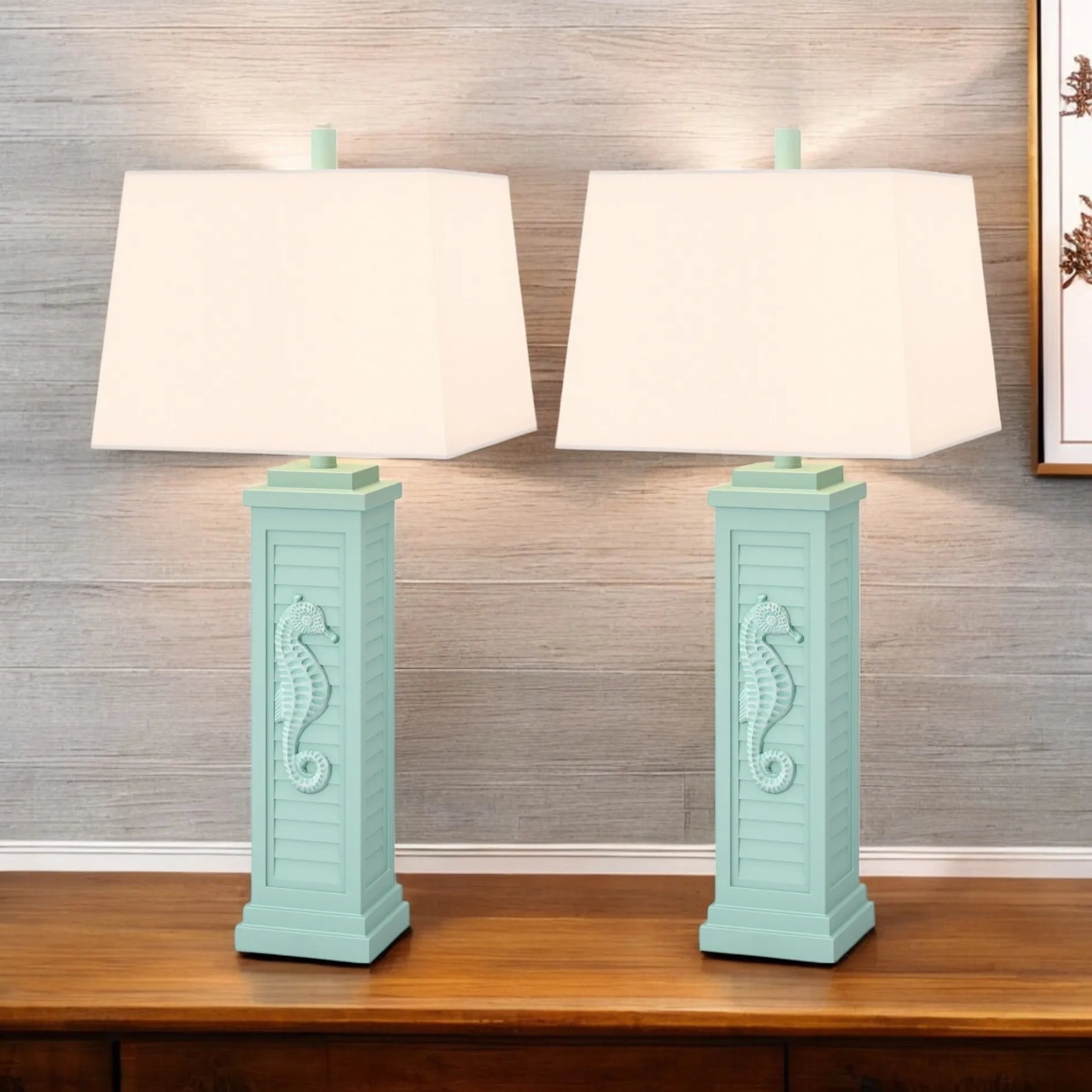 HMS Set of Two 32" Turquoise Seahorse Shutter USB Table Lamps with White Shade - Metromarketstore