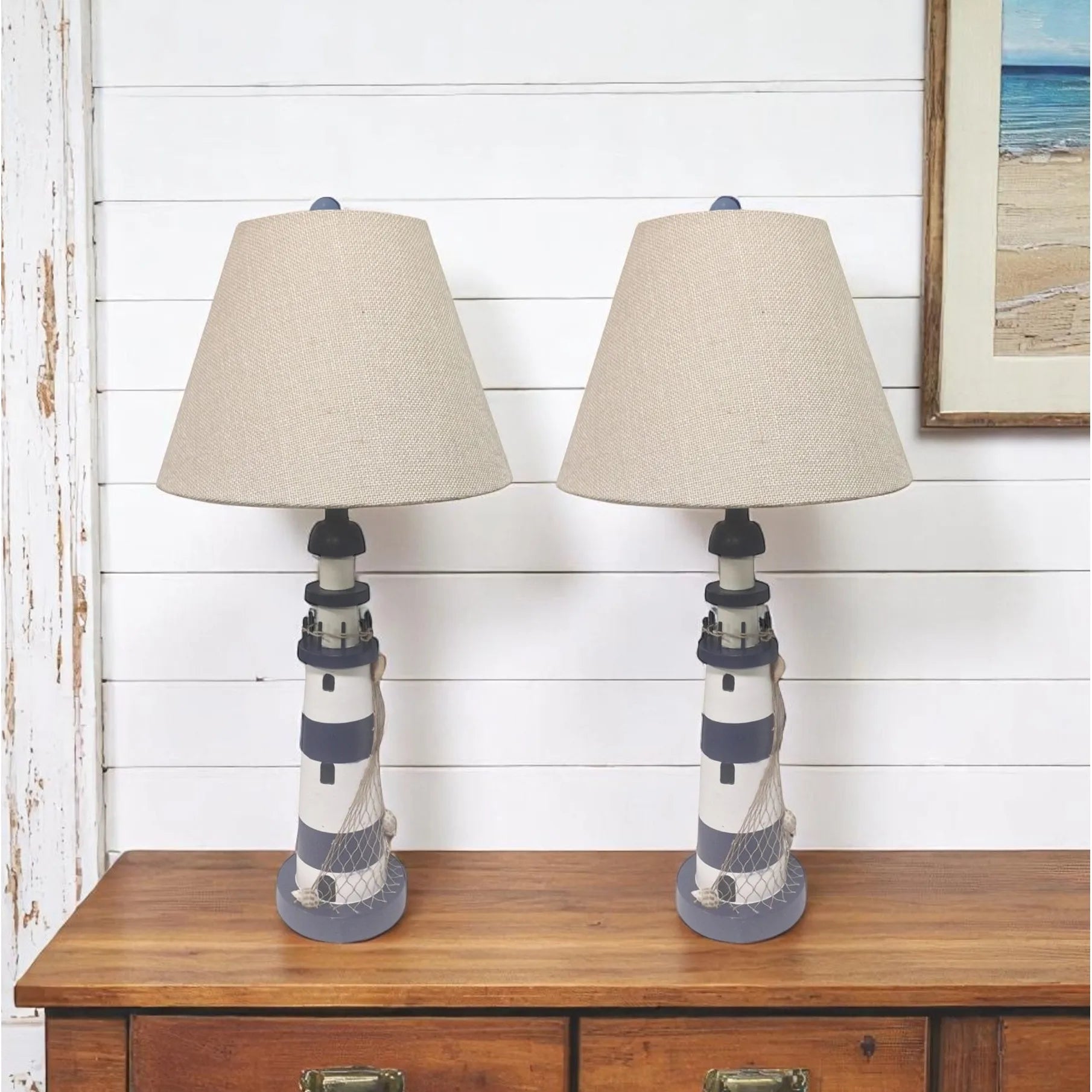 HMS Set of Two 30" Modern Blue White Lighthouse with Cream Cone Shade Table Lamps - Metromarketstore