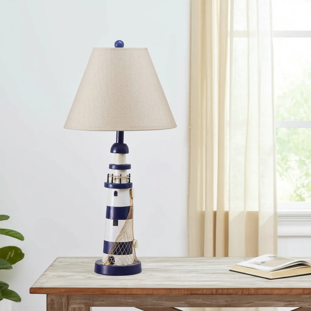 HMS Set of Two 30" Modern Blue White Lighthouse with Cream Cone Shade Table Lamps - Metromarketstore