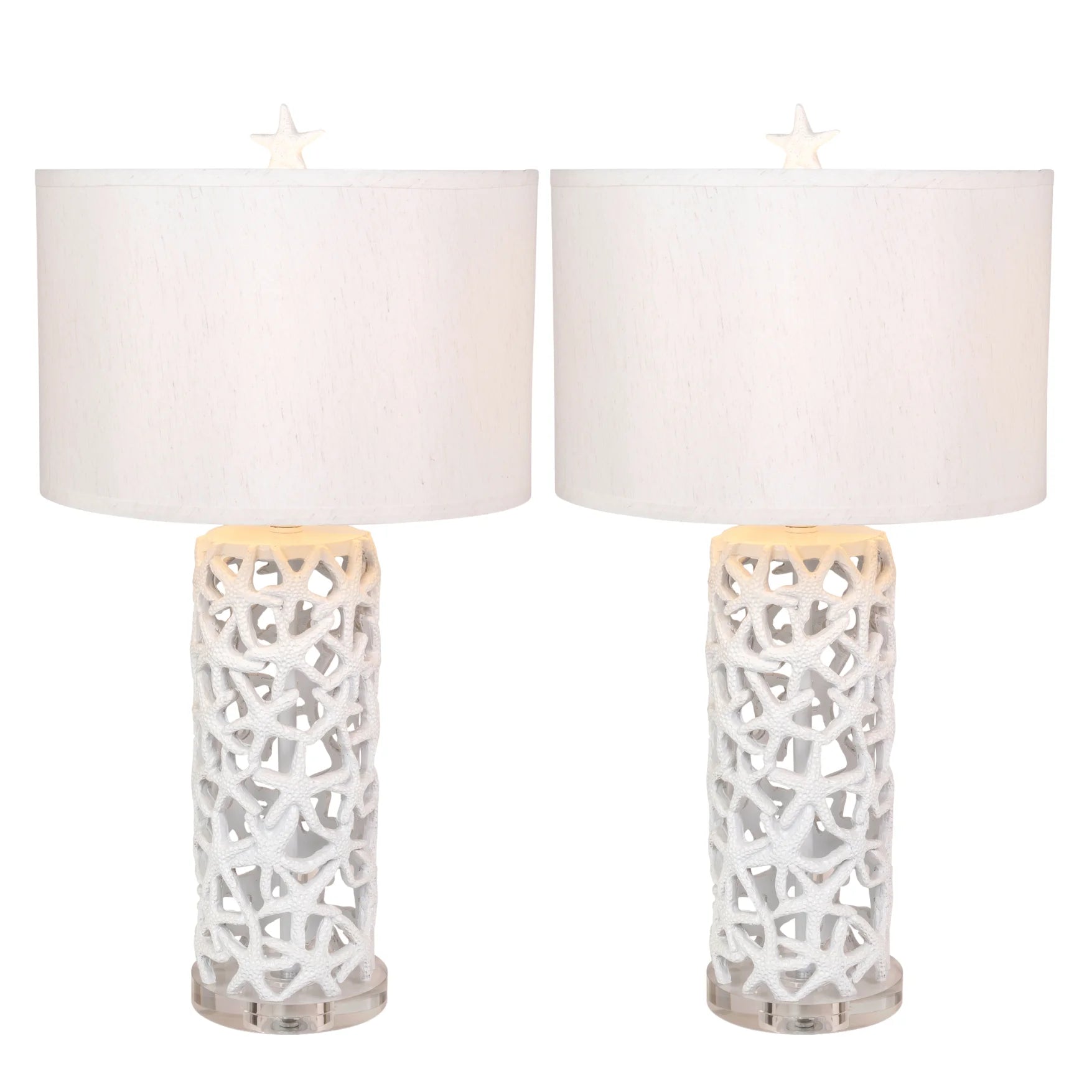 Set of Two 30" White Coastal Starfish Table Lamps with White Drum Shades - Metromarketstore