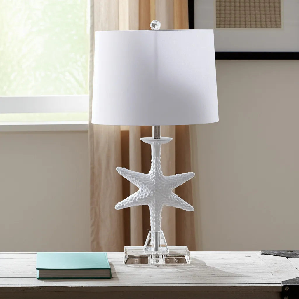 HMS Set of Two 28" Coastal Star Fish Table Lamps Clear & White with White Drum Shades - Metromarketstore
