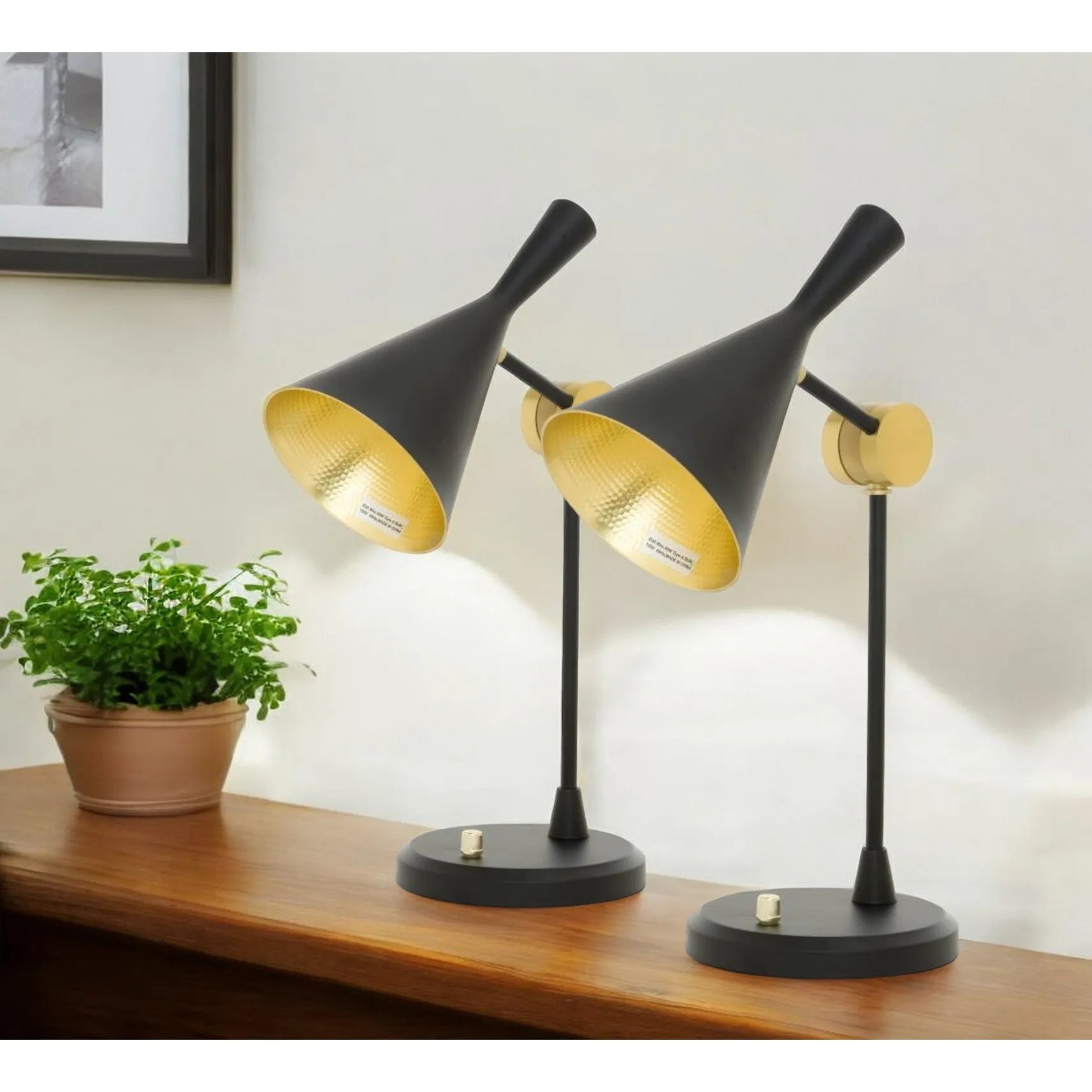HMS Set of Two 23" Black Metal Geometric Desk Lamps with Black and Gold Cone Shade - Metromarketstore