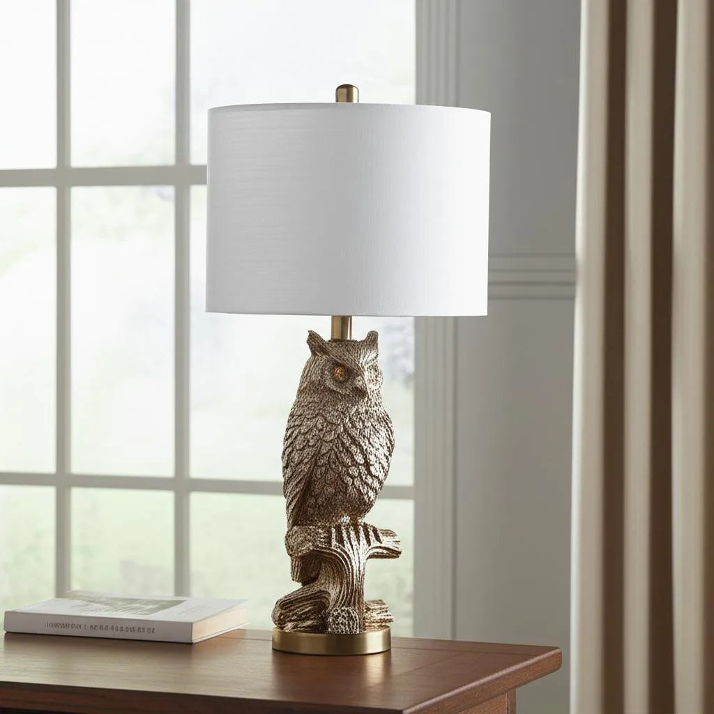 HMS 28" Antiqued Silver Resin Owl Table Lamp - Metromarketstore