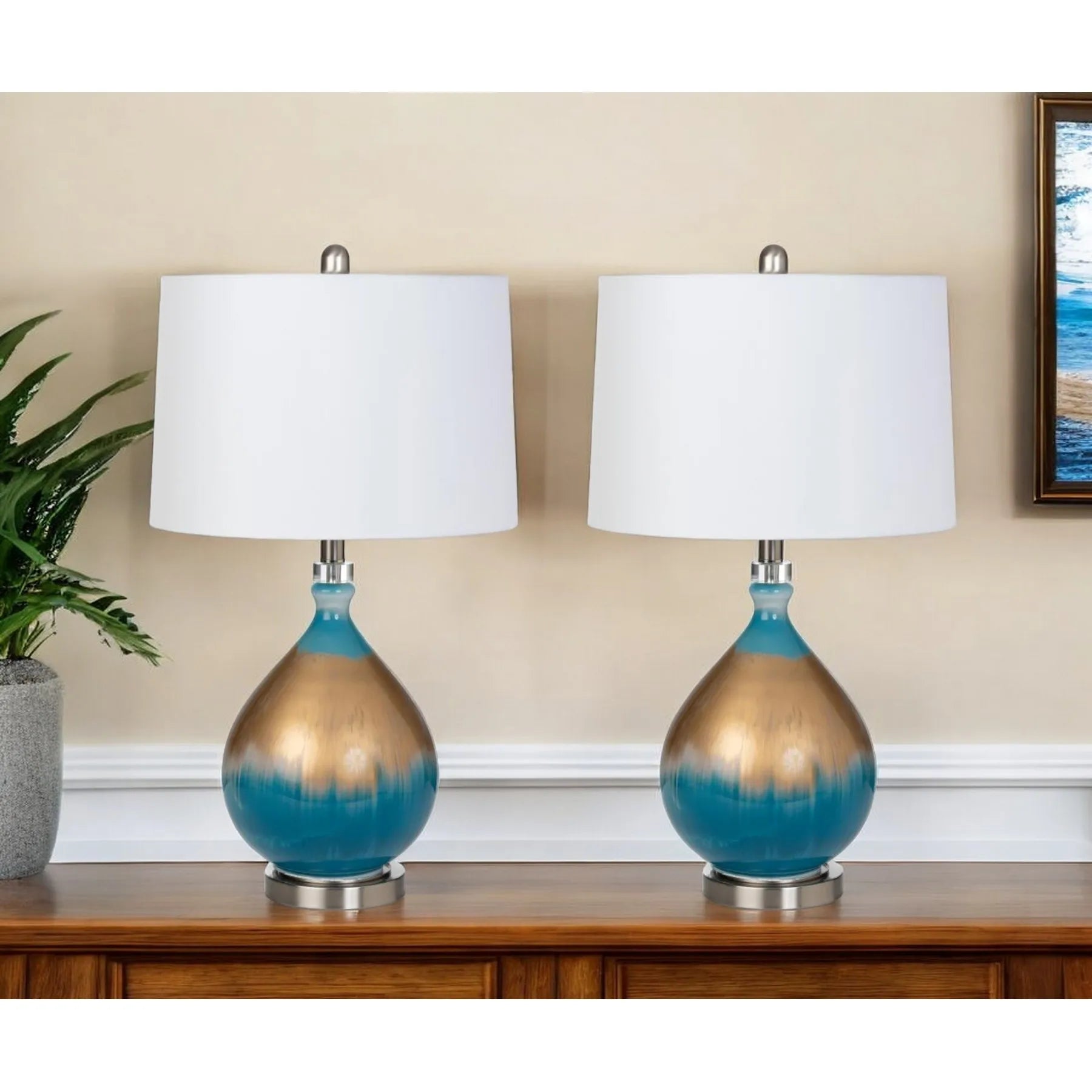 HMS Set of Two 27" Ombre Blue and Gold Glass Table Lamps with White Empire Shade - Metromarketstore