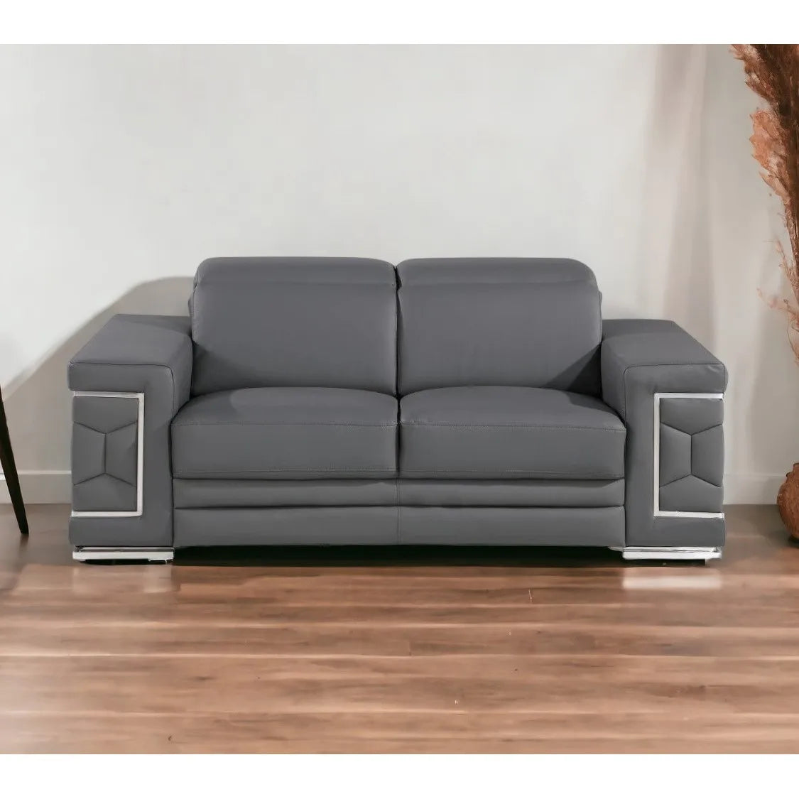 HMS 71" Gray and Silver Genuine Leather Loveseat - Metromarketstore