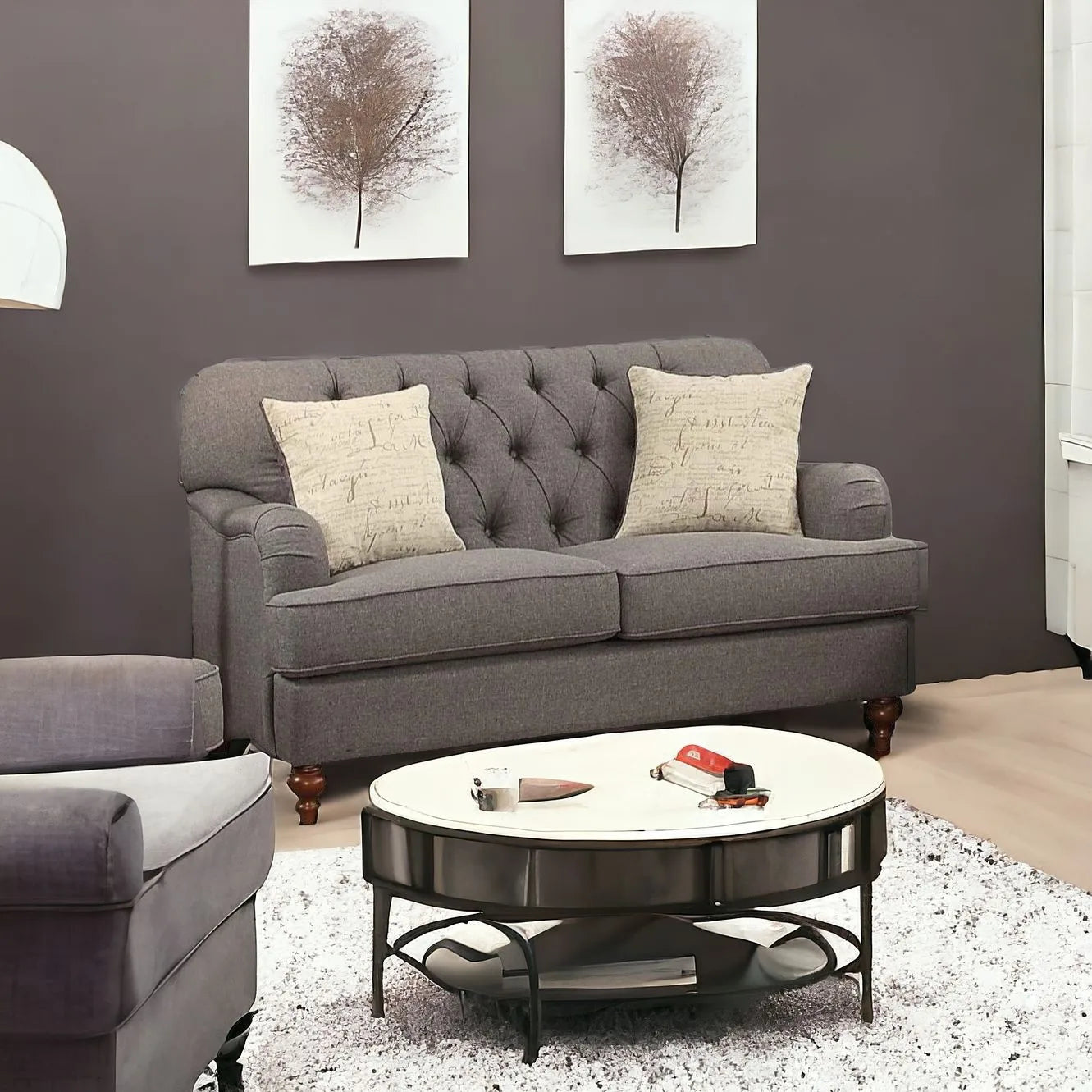 HMS 61" Sectional Sofa Dark Gray and Brown Loveseat Toss Pillows - Metromarketstore