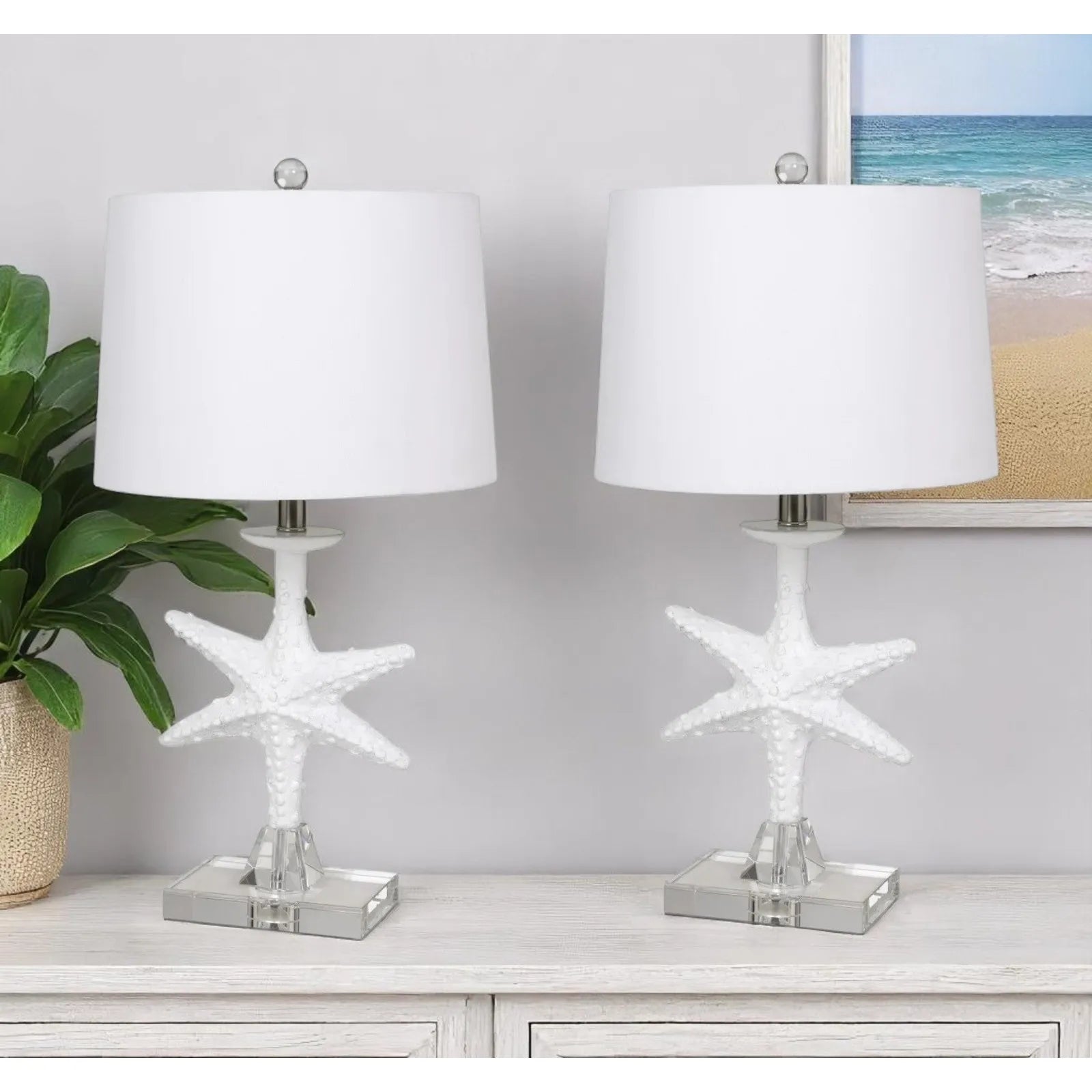 HMS Set of Two 28" Coastal Star Fish Table Lamps Clear & White with White Drum Shades - Metromarketstore