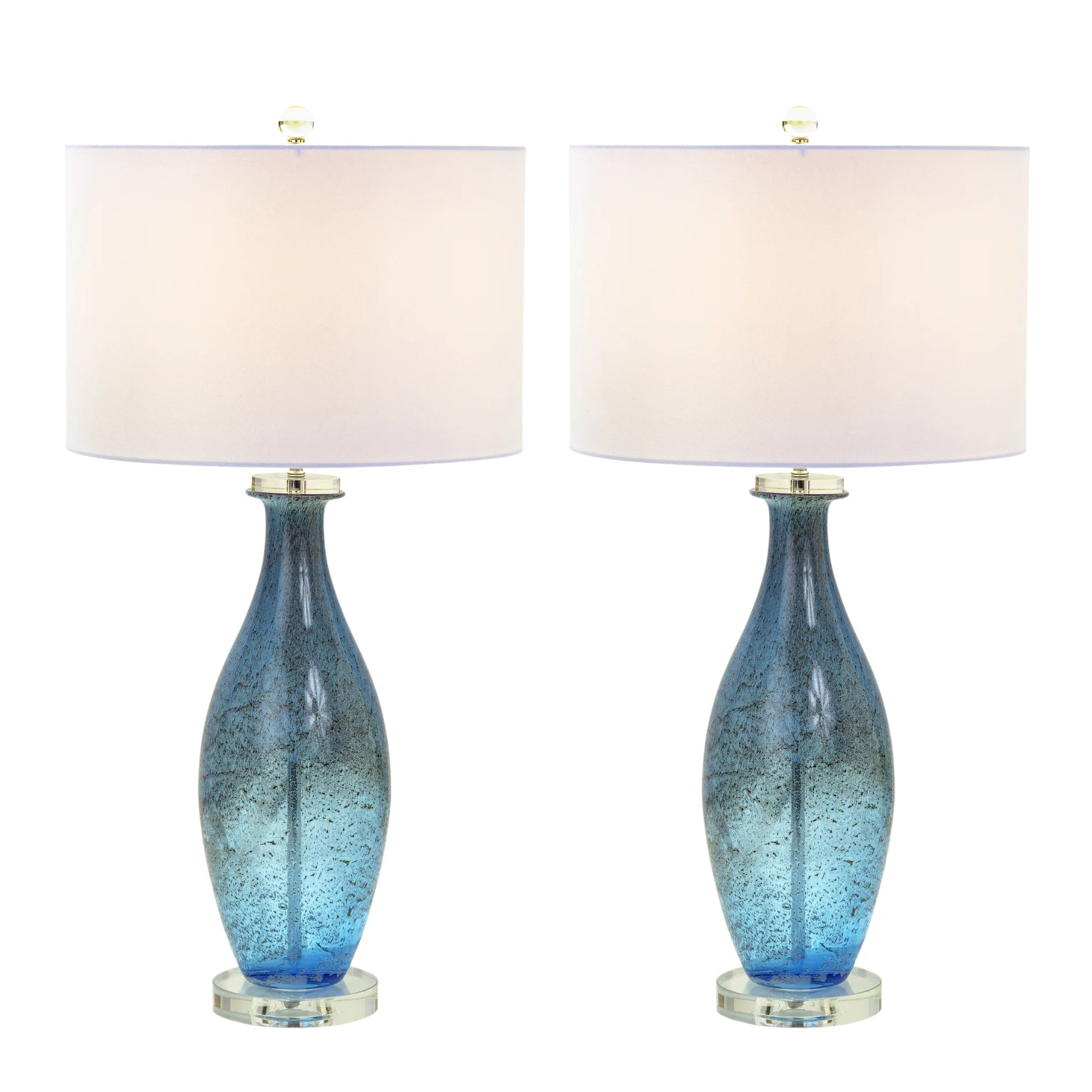 Set of Two 30" Blue Crystal and Glass Table Lamps with White Drum Shades - Metromarketstore