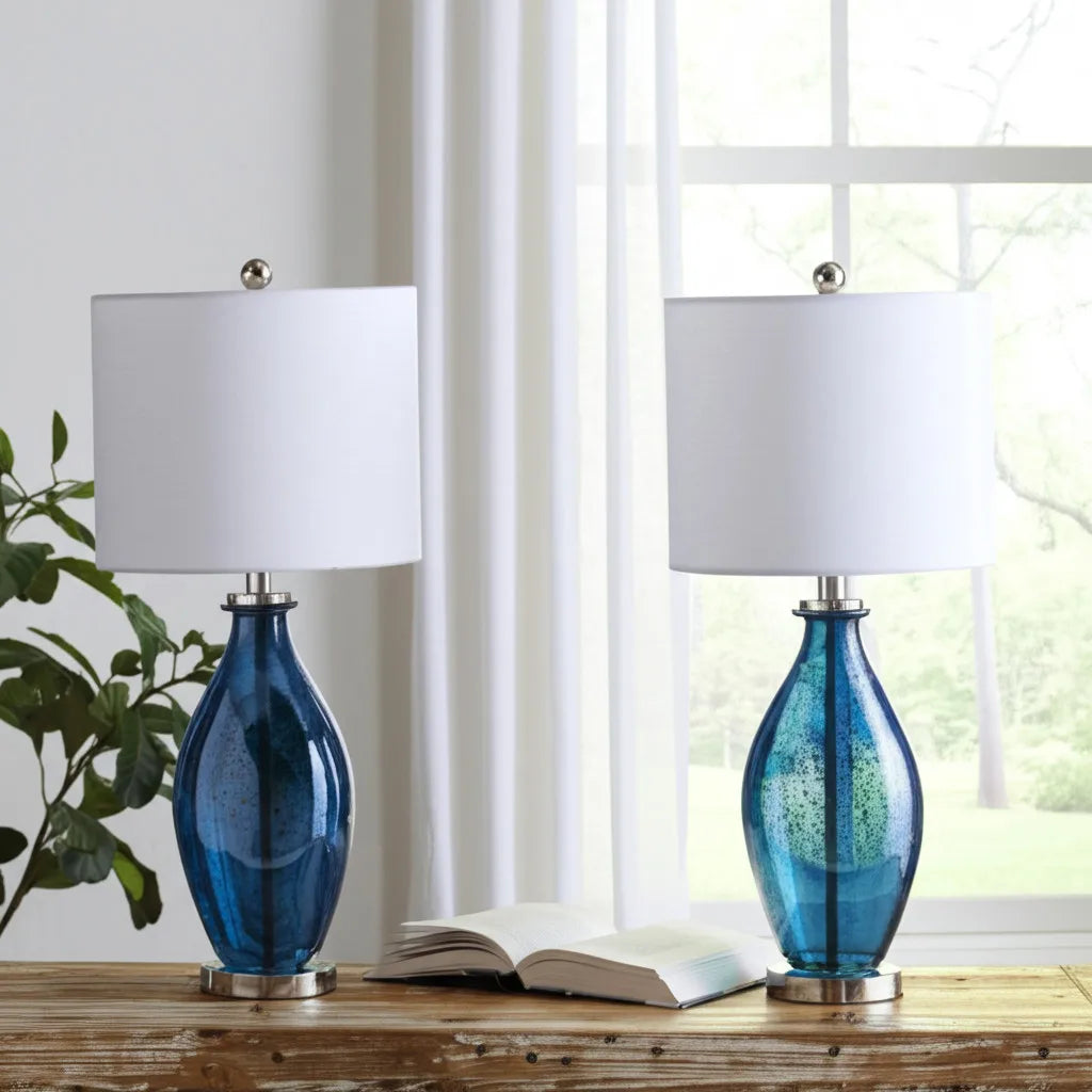Set of Two 30" Blue Crystal and Glass Table Lamps with White Drum Shades - Metromarketstore