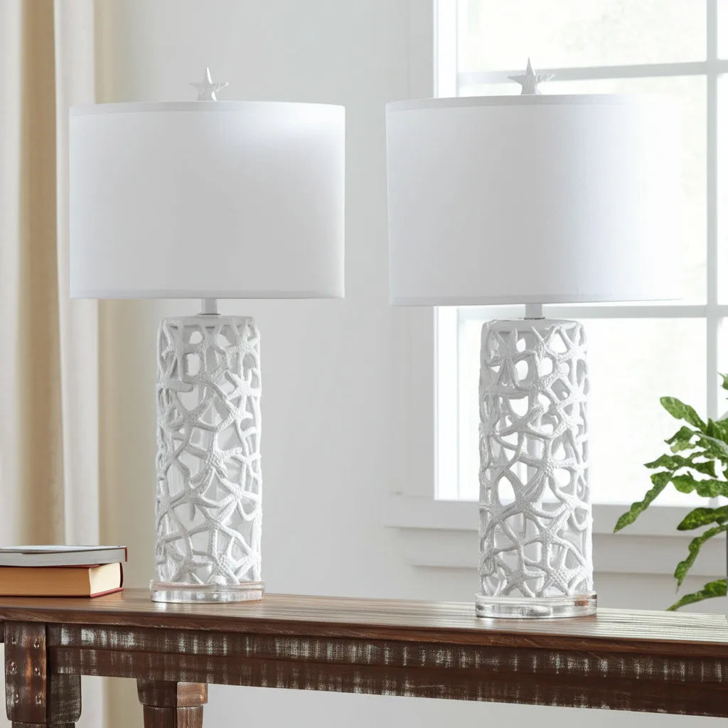 Set of Two 30" White Coastal Starfish Table Lamps with White Drum Shades - Metromarketstore