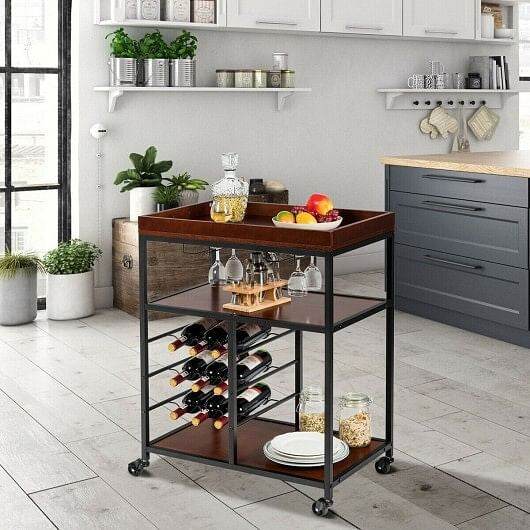 3 Tiers Storage Bar Serving Cart with Wine Rack - Metromarketstore