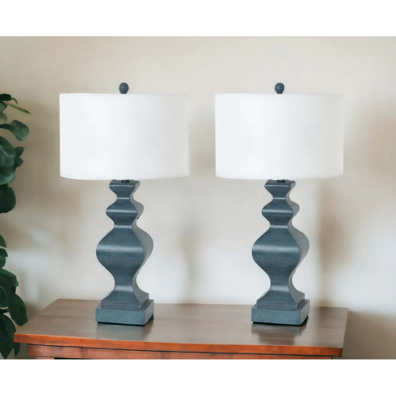 HMS Set Two 31" Distressed Teal Table Lamps White Drum Shade - Metromarketstore