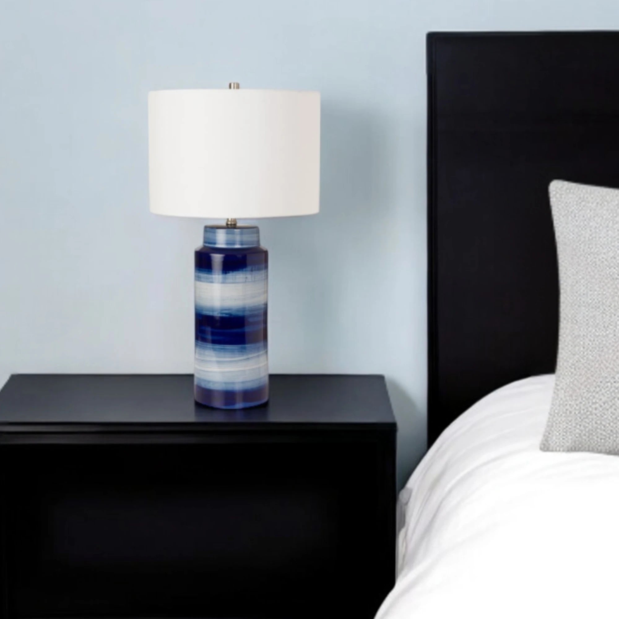 HMS Set of Two 30" Ceramic Cylinder Table Lamps Blue and White with White Drum Shade - Metromarketstore