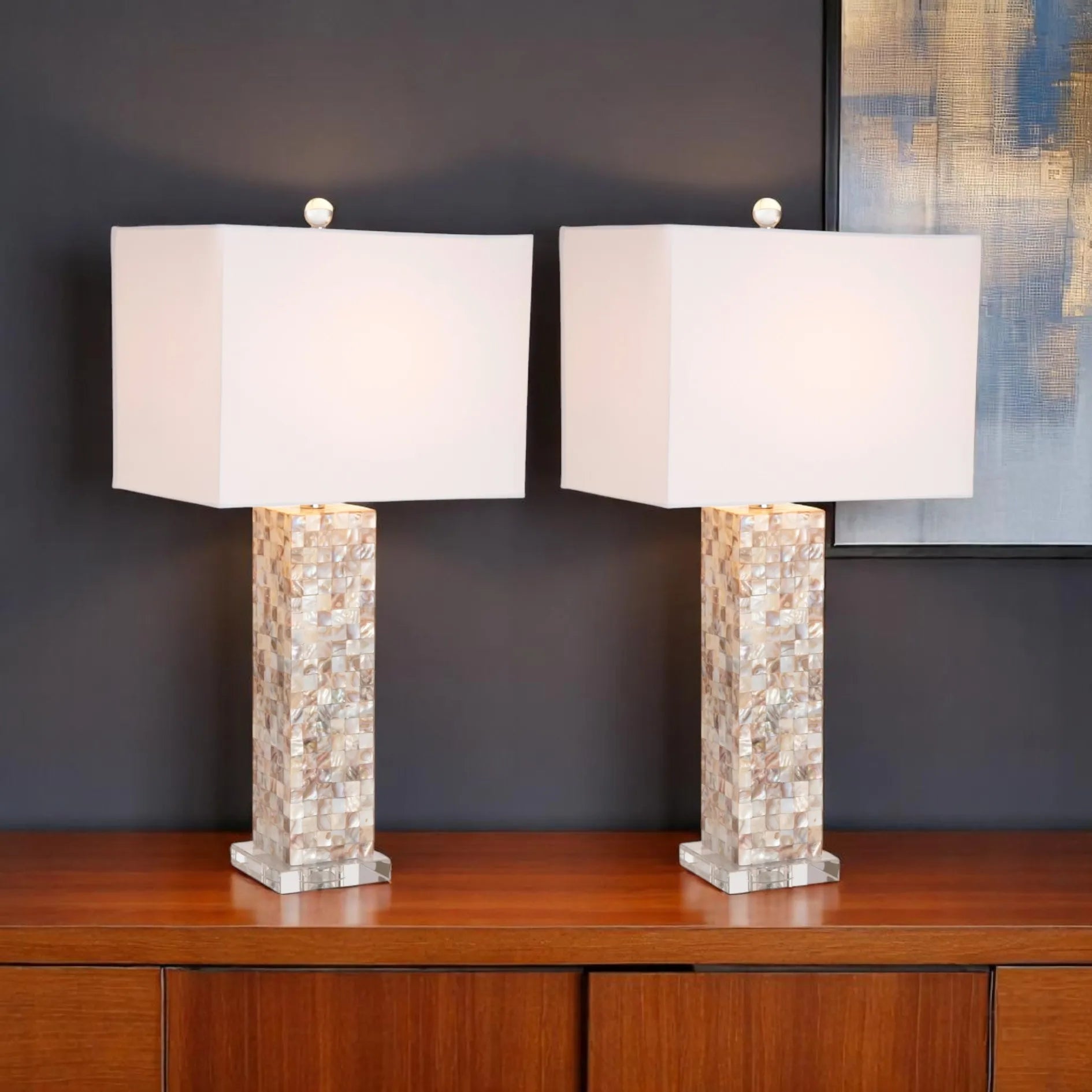 Set of Two 28" Beige Mother of Pearl Table Lamps with White Shade HMS Lighting - Metromarketstore