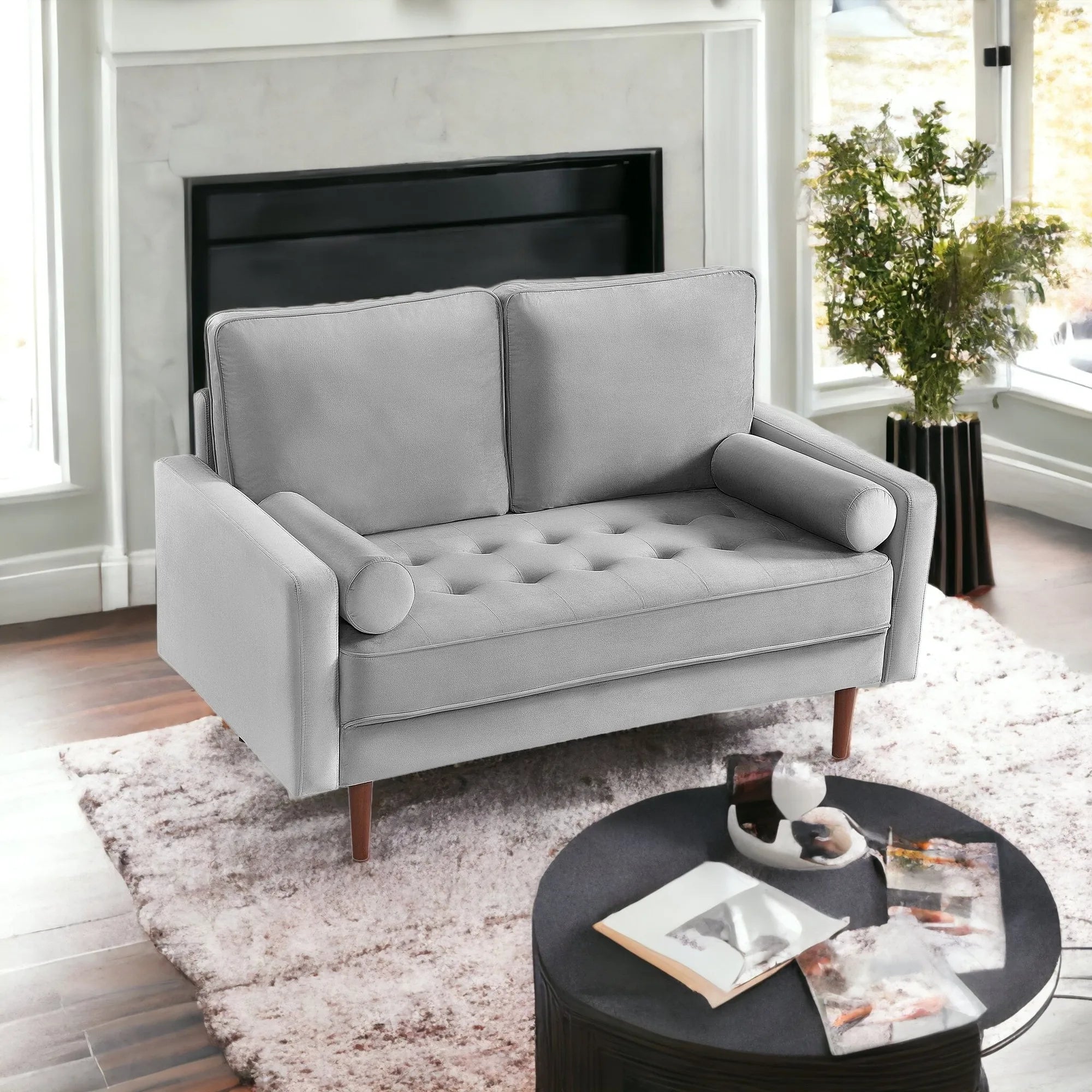 HMS 57" Gray and Dark Brown Velvet Loveseat and Toss Pillows - Metromarketstore