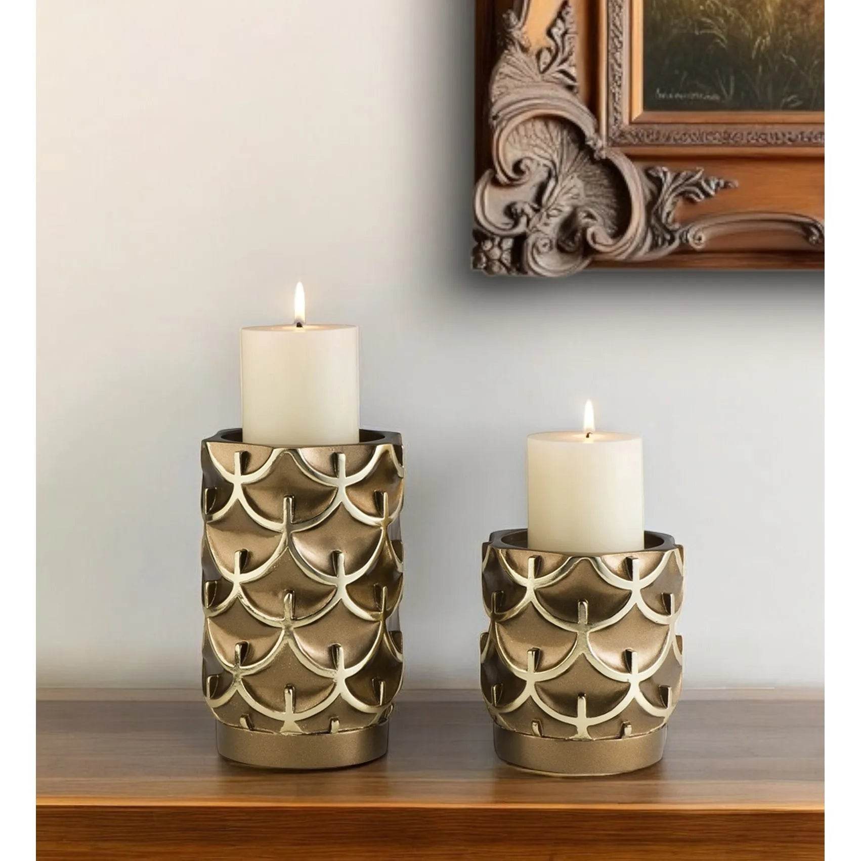 HMS Set of Two Antiqued Brass Tabletop Pillar Candle Holders - Metromarketstore
