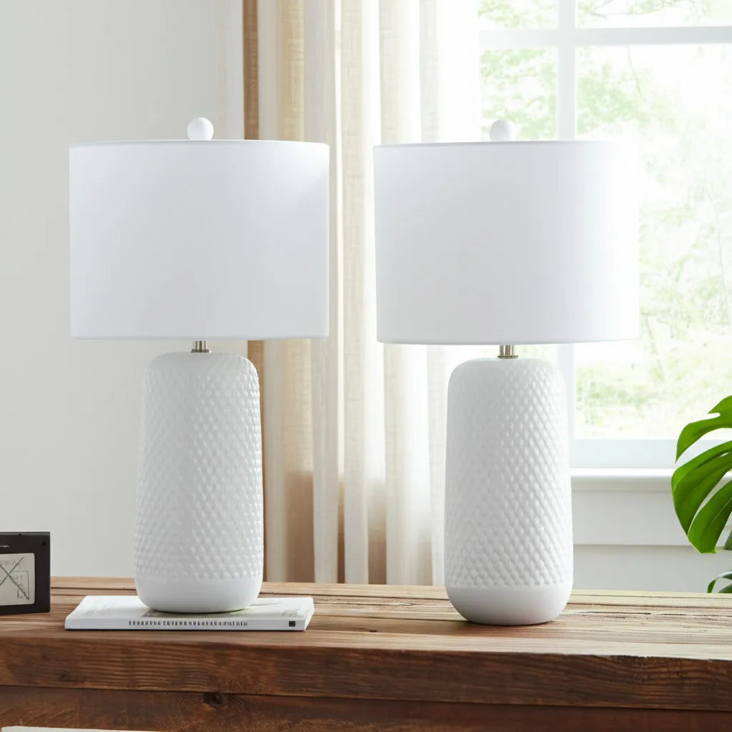 Set of Two 30" White Textured Ceramic Table Lamps with White Drum Shades HMS Design - Metromarketstore