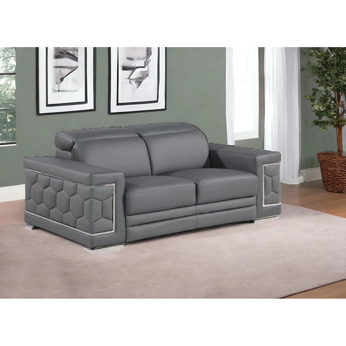 HMS 71" Gray and Silver Genuine Leather Loveseat - Metromarketstore