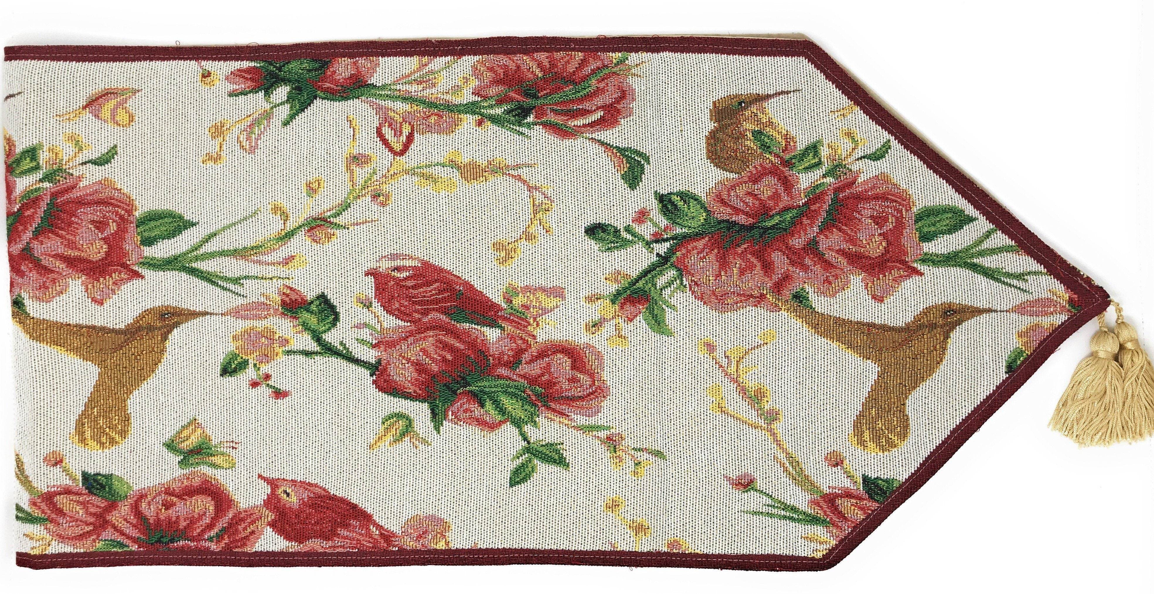 Tache Floral Red Roses Hummingbirds Ivory Woven Tapestry Table Runner - Metromarketstore