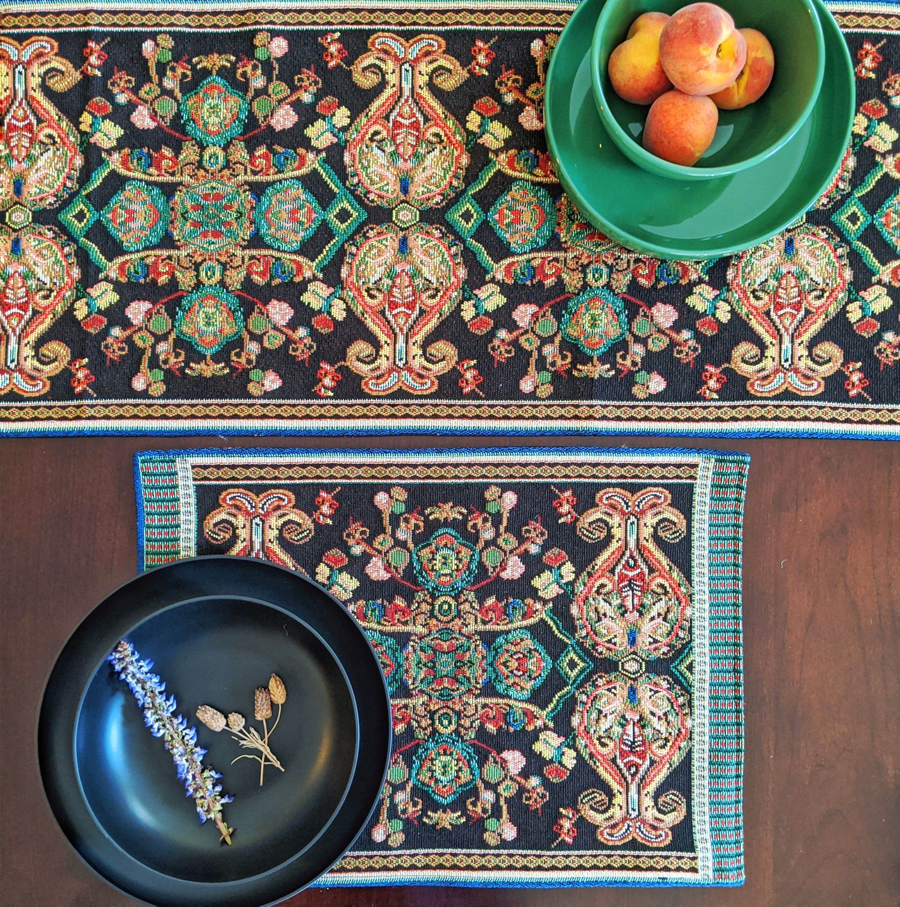 Tache Elegant Black Ornate Paisley Woven Tapestry Table Runner (18192)-2