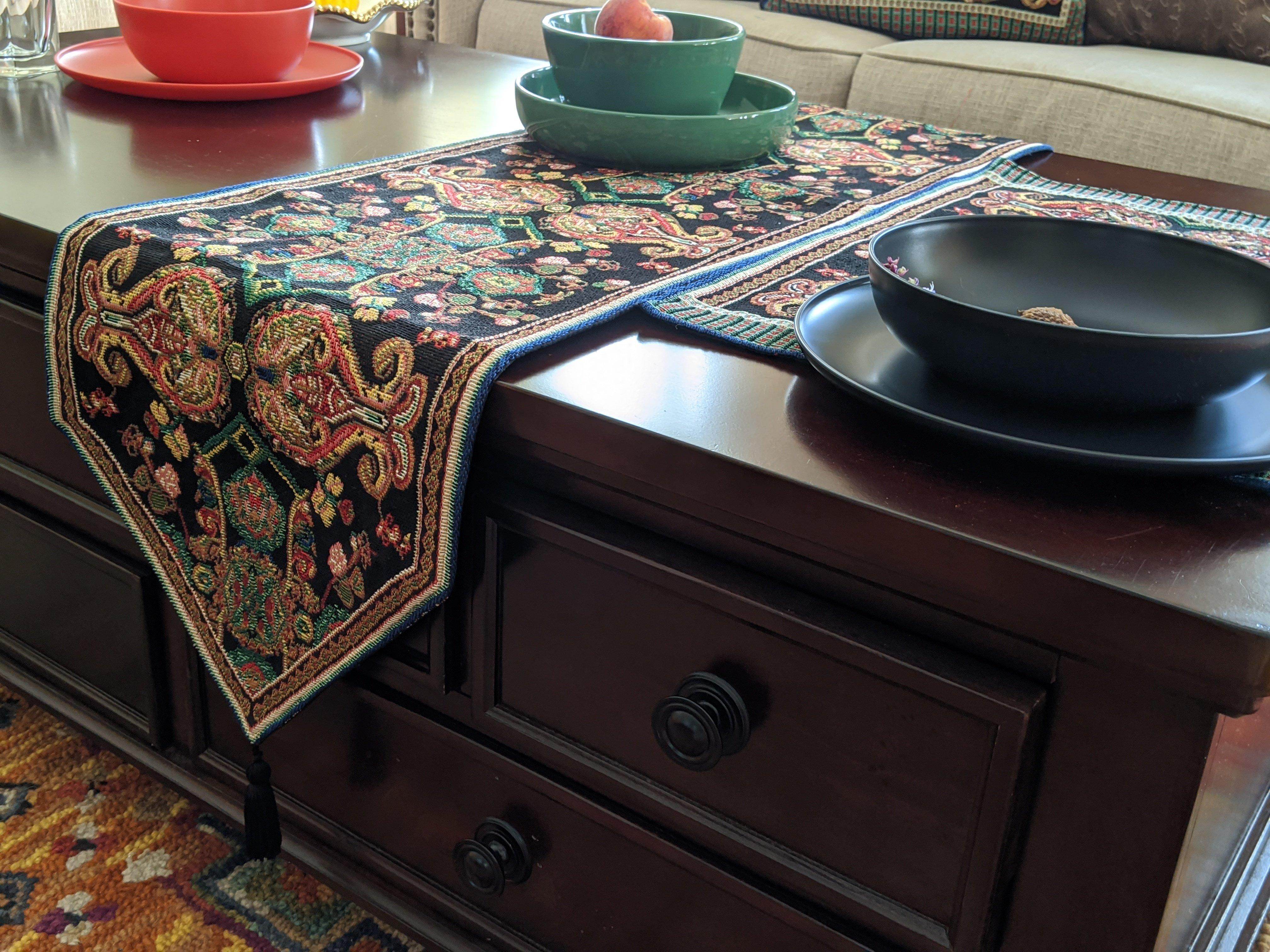 Tache Elegant Black Ornate Paisley Woven Tapestry Table Runner (18192)-4