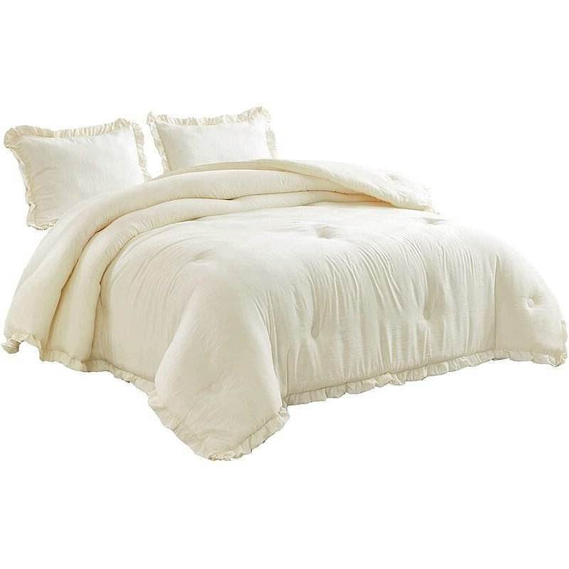 Oversized Queen Ivory Microfiber 3-Piece Comforter Set with Ruffled Edge Trim - Metromarketstore