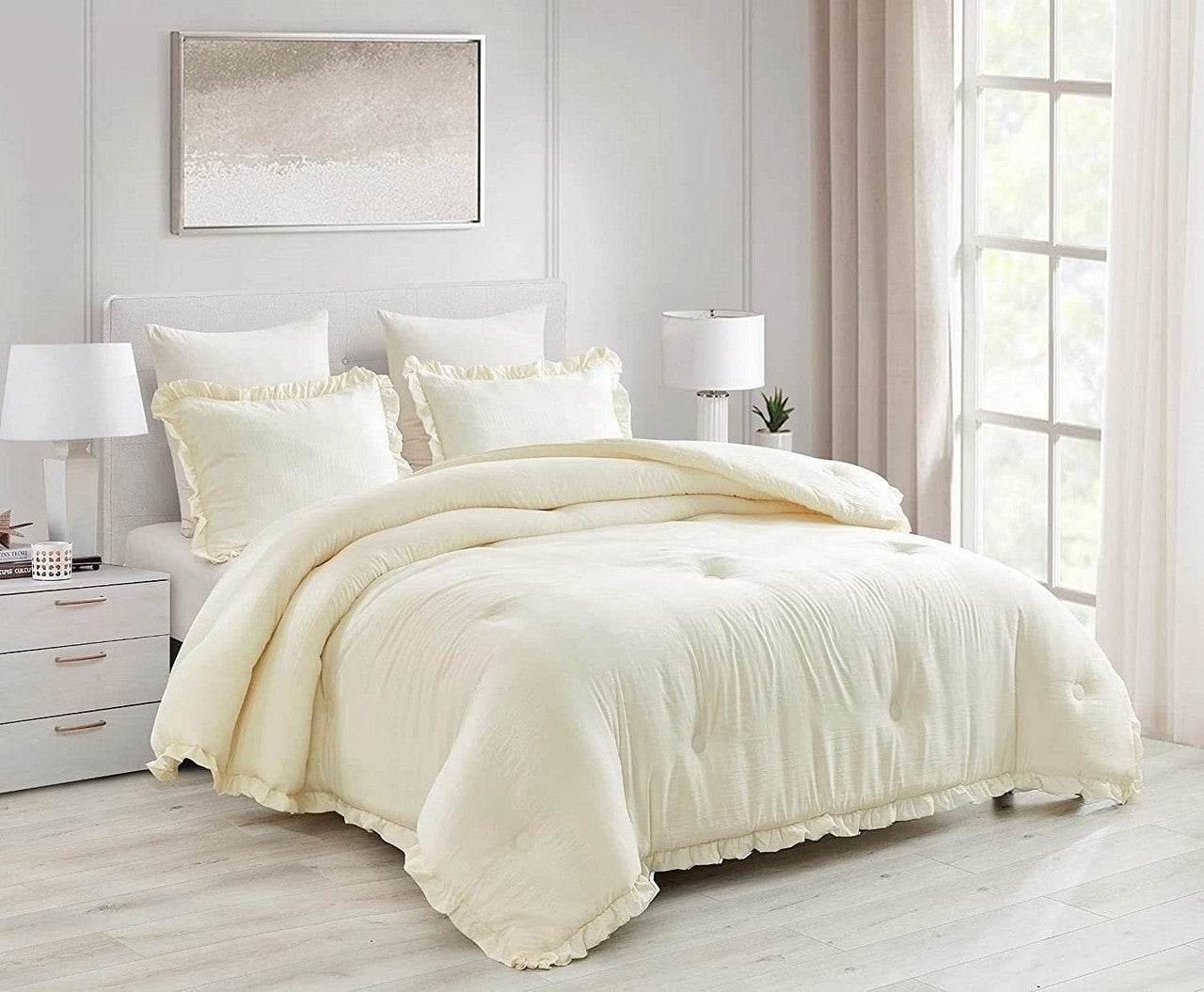 Oversized Queen Ivory Microfiber 3-Piece Comforter Set with Ruffled Edge Trim - Metromarketstore