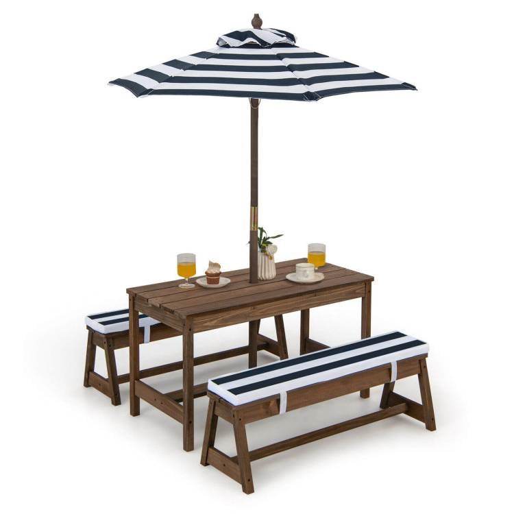 Kids Outdoor Wooden Picnic Table Bench Chairs Cushions Umbrella Set Navy/White-0