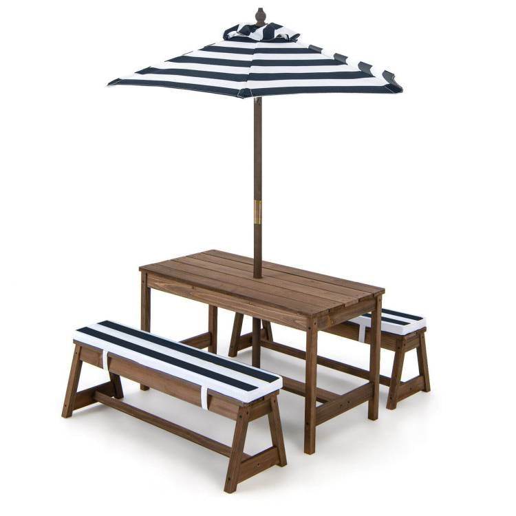 Kids Outdoor Wooden Picnic Table Bench Chairs Cushions Umbrella Set Navy/White-1