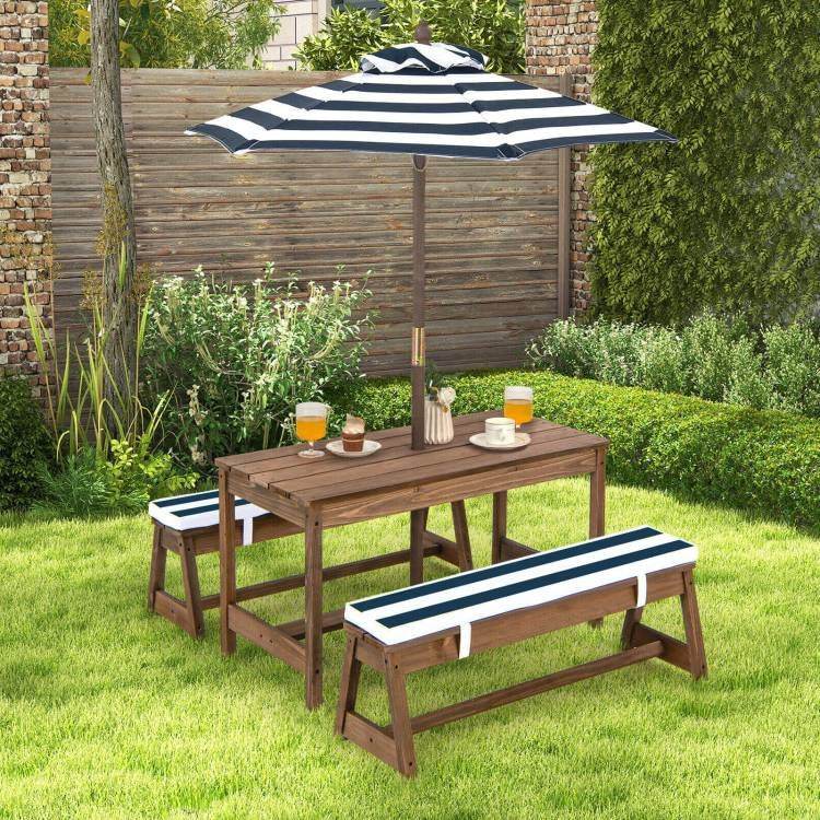 Kids Outdoor Wooden Picnic Table Bench Chairs Cushions Umbrella Set Navy/White - Metromarketstore