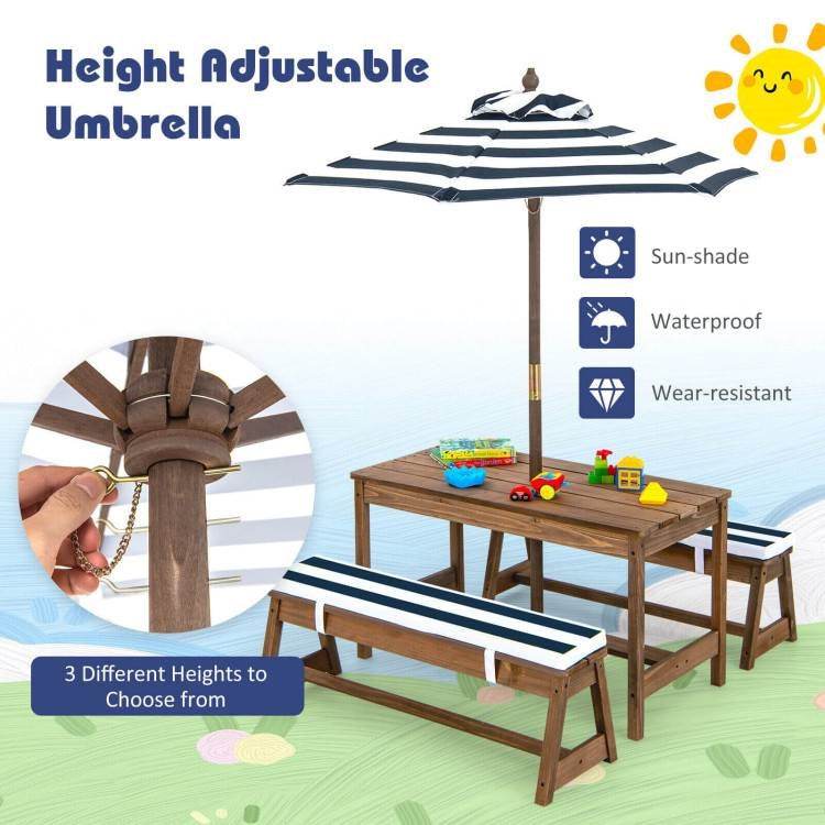 Kids Outdoor Wooden Picnic Table Bench Chairs Cushions Umbrella Set Navy/White-3