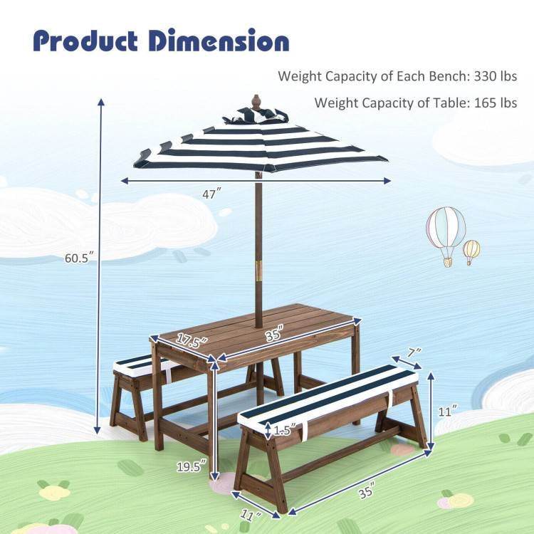 Kids Outdoor Wooden Picnic Table Bench Chairs Cushions Umbrella Set Navy/White-4