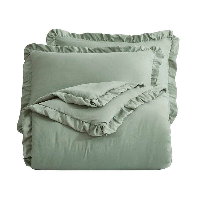 Oversized King Sage Microfiber 3-Piece Comforter Set with Ruffled Edge Trim - Metromarketstore